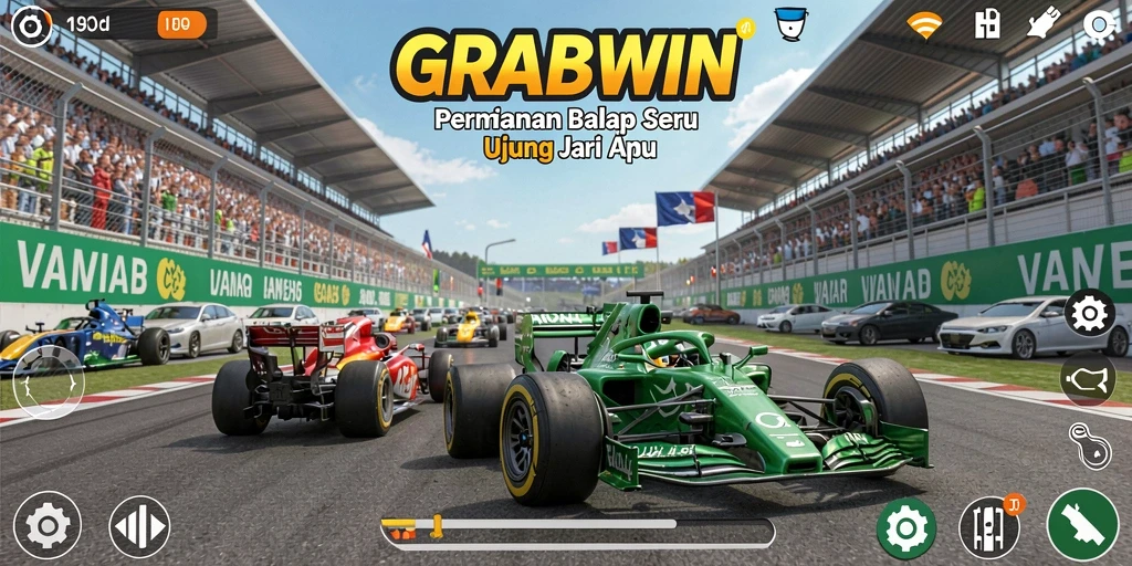 Screenshot utama GRABWIN menunjukkan aksi balapan yang mendebarkan.