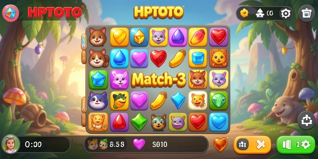Screenshot HPTOTO menampilkan gameplay seru mencocokkan buah-buahan.