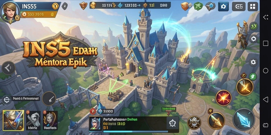 Screenshot utama INS55 menampilkan aksi menara bertahan yang intens.