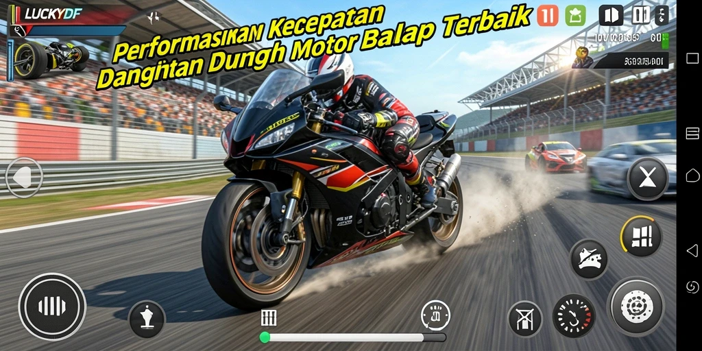 Screenshot gameplay LUCKYDF yang menunjukkan aksi balap motor yang mendebarkan.
