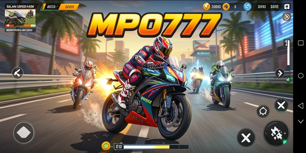 Tampilan gameplay seru dengan sepeda motor balap.