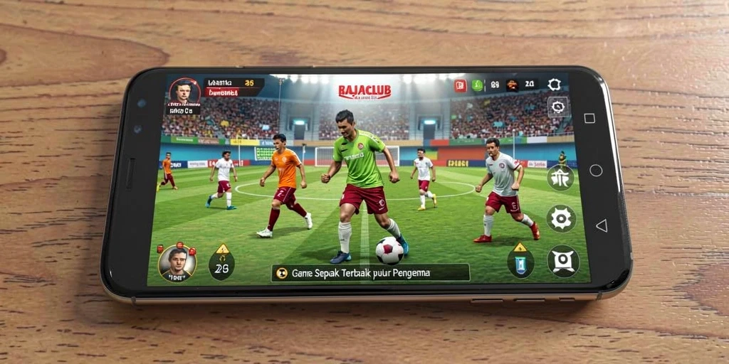 Tampilan gameplay RAJACLUB dengan aksi sepak bola yang mendebarkan.