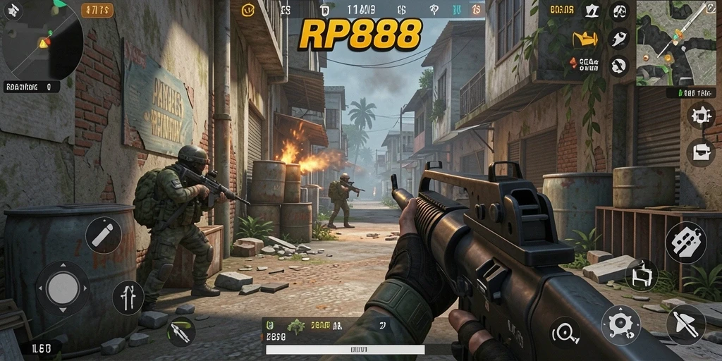 Screenshot gameplay menampilkan aksi tembak-menembak intens di RP888.