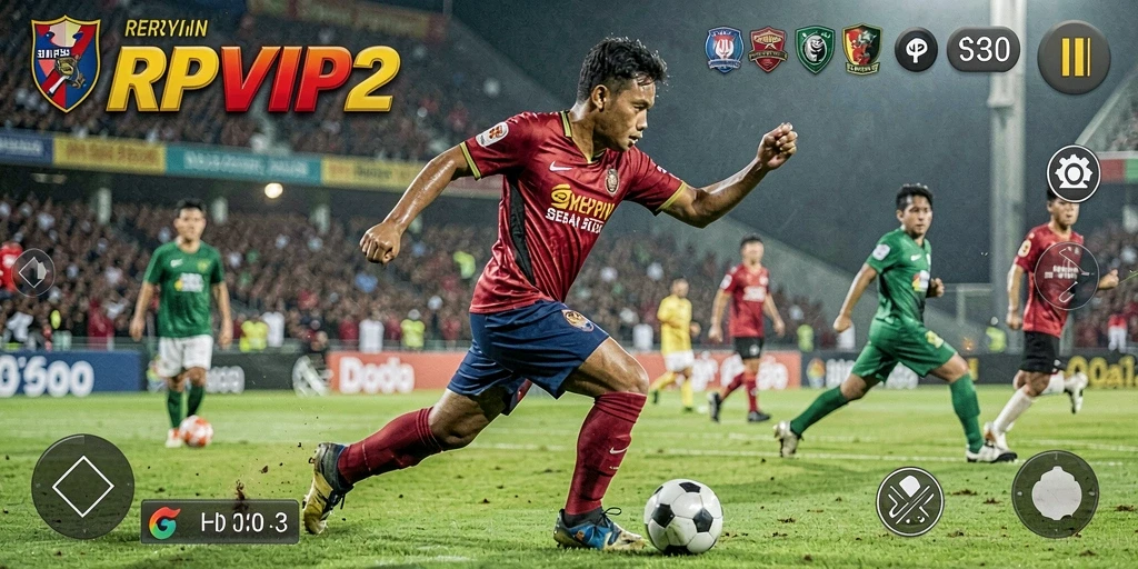 Screenshot utama gameplay RPVIP2 yang menampilkan momen seru pertandingan sepak bola.